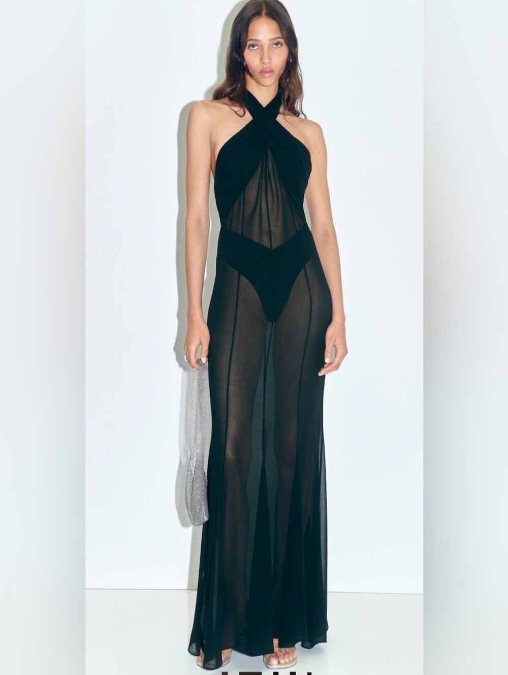 Mango Mesh Sheer Black Halter Maxi Dress Size Medium NEW